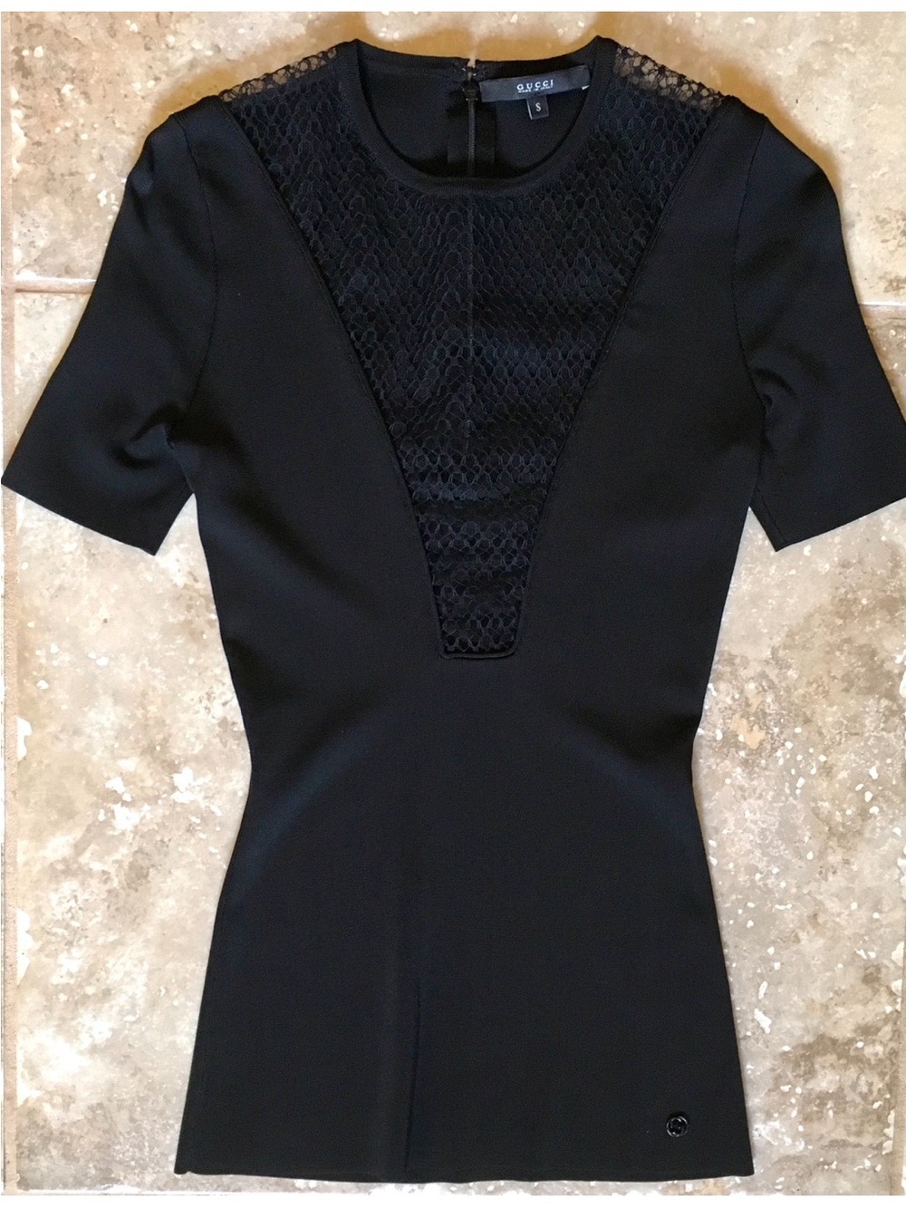 GUCCI MESH INSERT STRETCH KNIT TOP, SZ S BLACK